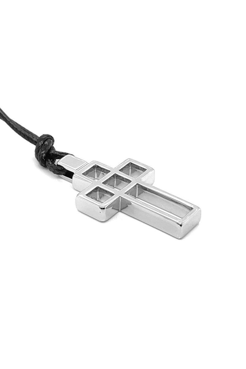 Men’s stainless steel cross necklace on black waxed cord with adjustable length