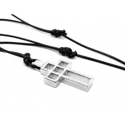 Men’s stainless steel cross necklace on black waxed cord with adjustable length 2