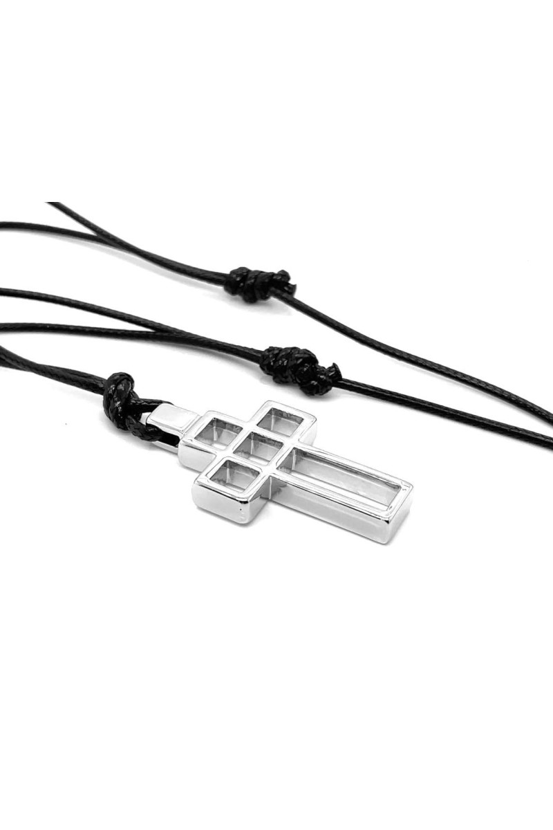 Men’s stainless steel cross necklace on black waxed cord with adjustable length