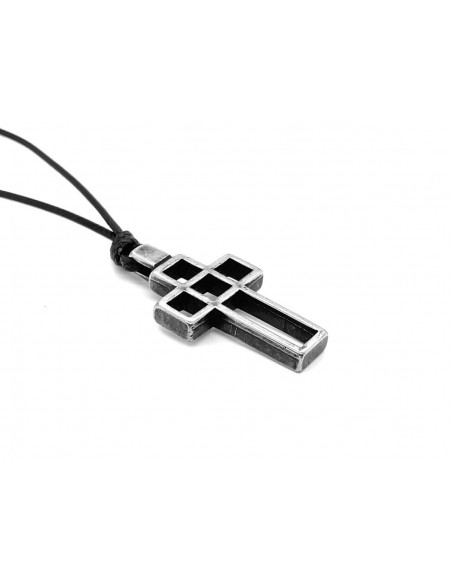 Men’s necklace on a black cord with matte steel cross pendant