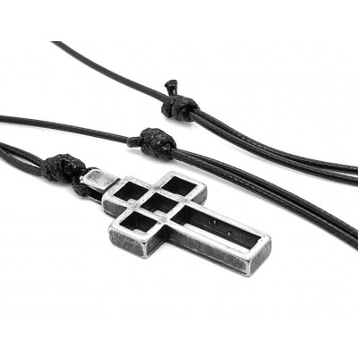 Men’s necklace on a black cord with matte steel cross pendant 2