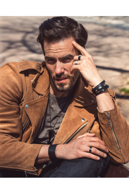 Men’s black double wrap leather bracelet with snaps