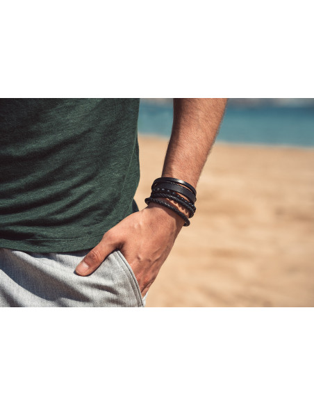 Men’s black leather bracelet with watch-style black clasp