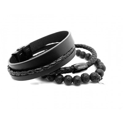 Set of three men's bracelets made of black leather and lava stones