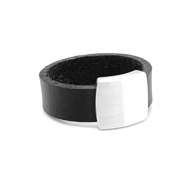 Men's ring made of leather and satin-finished 925 sterling silver – black, modern