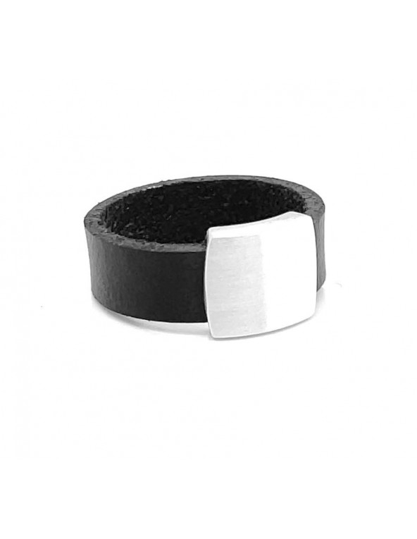 Men's ring made of leather and satin-finished 925 sterling silver – black, modern