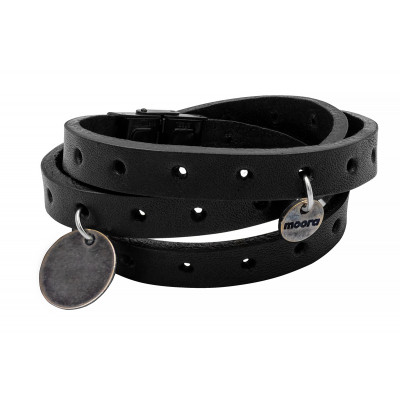 Black leather bracelet with holes and matte steel charms