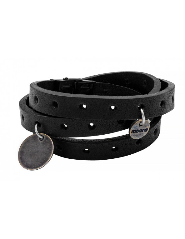 Black leather bracelet with holes and matte steel charms