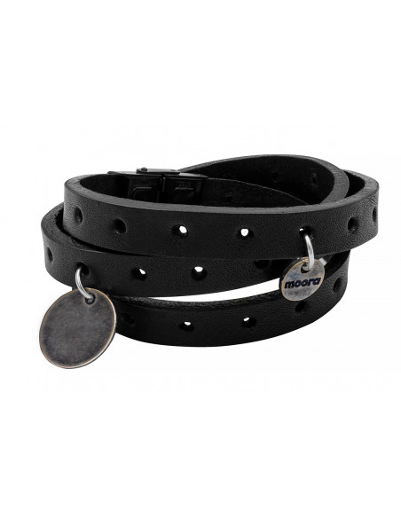 Black leather bracelet with holes and matte steel charms