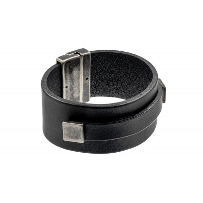 Wide men’s bracelet made of black leather with matte steel clasp