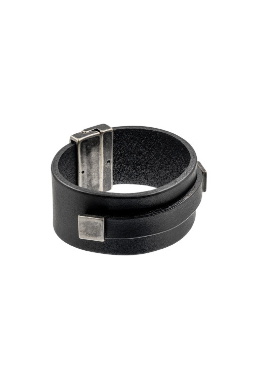 Wide men’s bracelet made of black leather with matte steel clasp