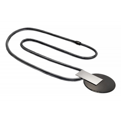 Long black leather necklace with decorative steel pendant