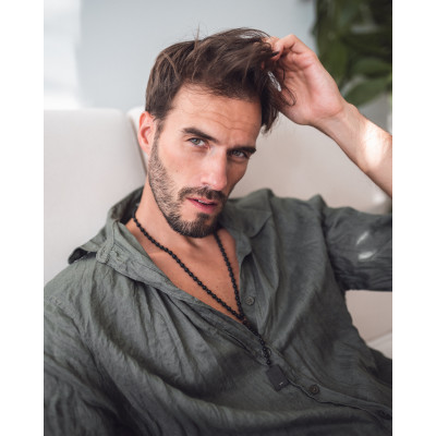 Men's long necklace of matte onyx stones with black pendant 2