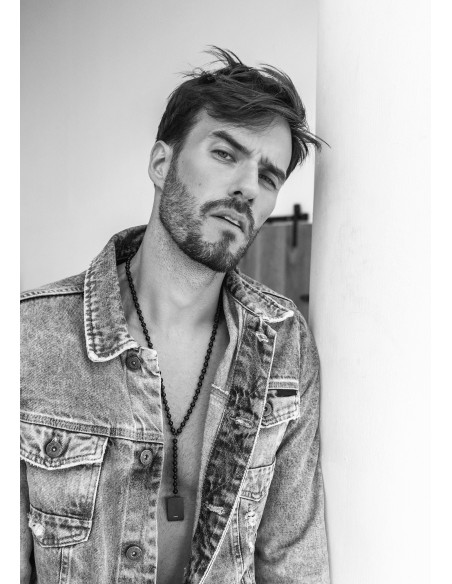 Men's long necklace of matte onyx stones with black pendant