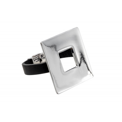 Black leather bracelet with polished stainless steel square accent
