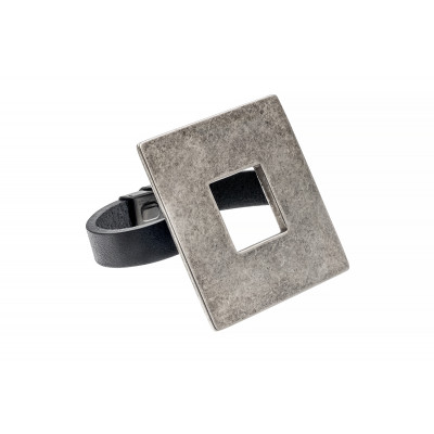 Black leather bracelet with large matte stainless steel square