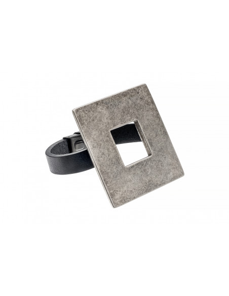Black leather bracelet with large matte stainless steel square