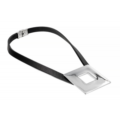 Leather necklace with large shiny square stainless steel element