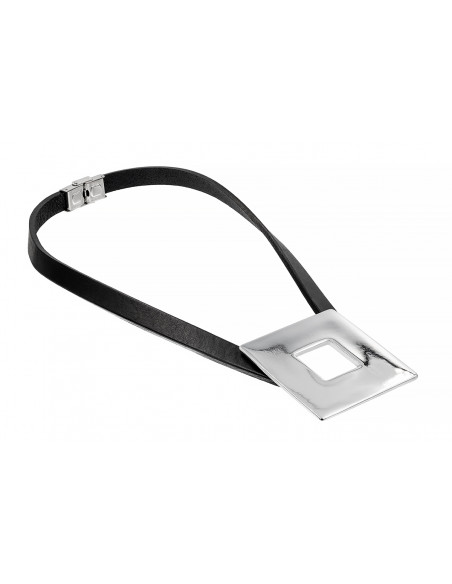 Leather necklace with large shiny square stainless steel element