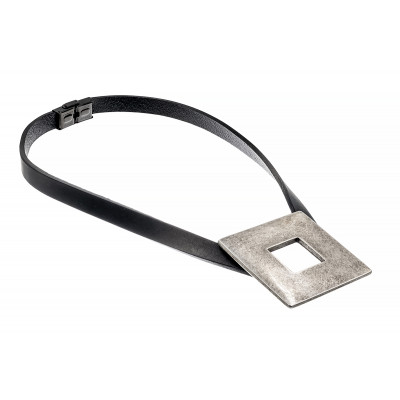 Leather necklace with large matte stainless steel element