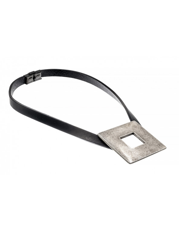 Leather necklace with large matte stainless steel element