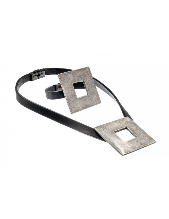 Leather necklace with large matte stainless steel element