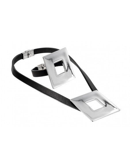 Leather necklace with large shiny square stainless steel element