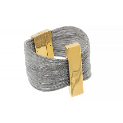 Bracelet made of wide stainless steel mesh and gold-plated steel with a magnetic clasp.