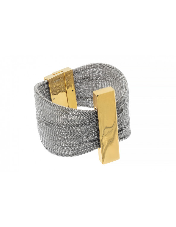 Bracelet made of wide stainless steel mesh and gold-plated steel with a magnetic clasp.