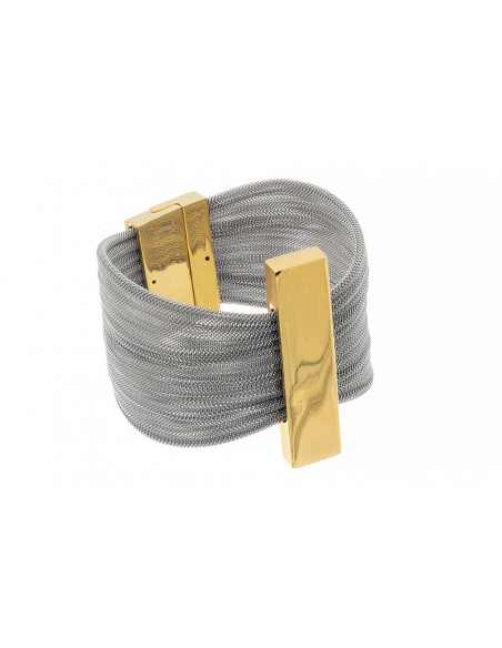 Bracelet made of wide stainless steel mesh and gold-plated steel with a magnetic clasp.