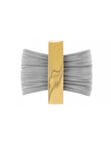 Bracelet made of wide stainless steel mesh and gold-plated steel with a magnetic clasp.