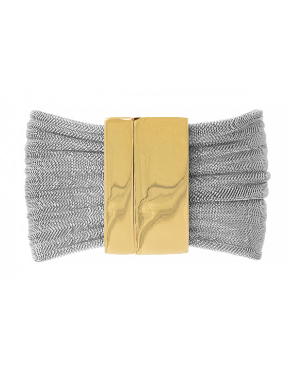 Bracelet made of wide stainless steel mesh and gold-plated steel with a magnetic clasp.