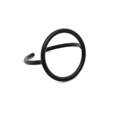 A delicate ring made of matte black stainless steel in a circular form.