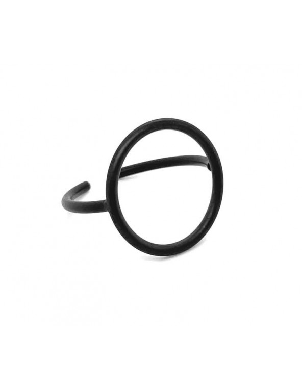 A delicate ring made of matte black stainless steel in a circular form.