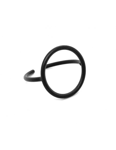 A delicate ring made of matte black stainless steel in a circular form.