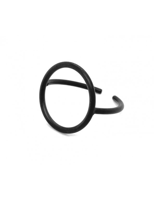 A delicate ring made of matte black stainless steel in a circular form.