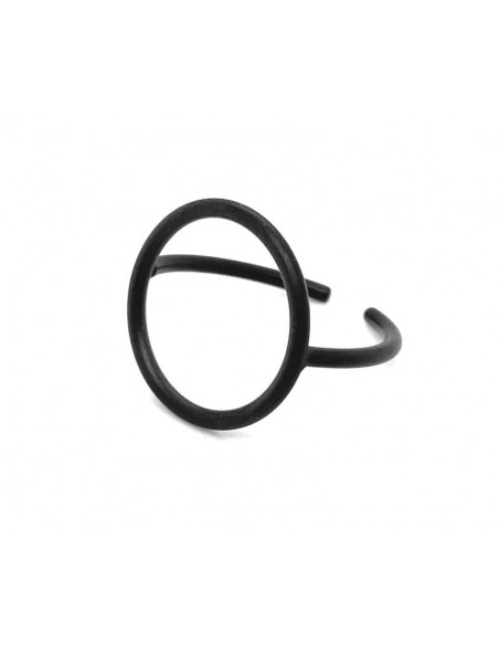A delicate ring made of matte black stainless steel in a circular form.