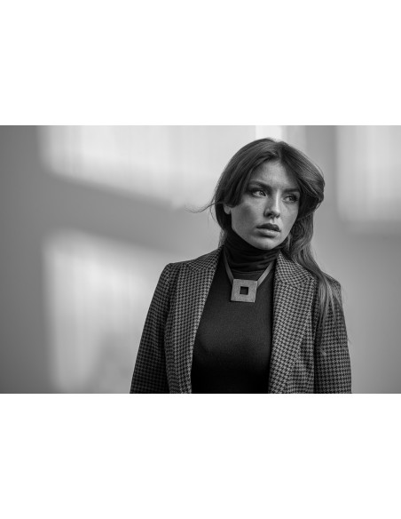 Leather necklace with large matte stainless steel element