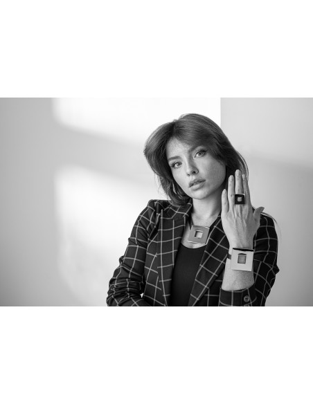 Black leather bracelet with large matte stainless steel square