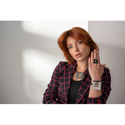 Black leather bracelet with polished stainless steel square accent 2