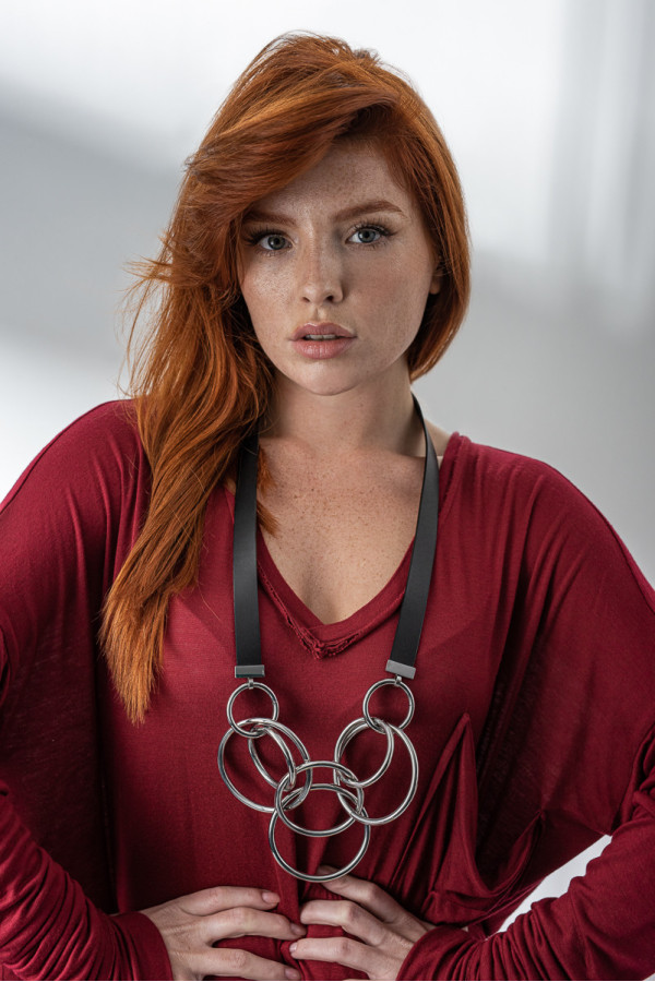 Long leather and stainless steel necklace with large polished silver circles 2