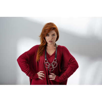 Long leather and stainless steel necklace with large polished silver circles 2