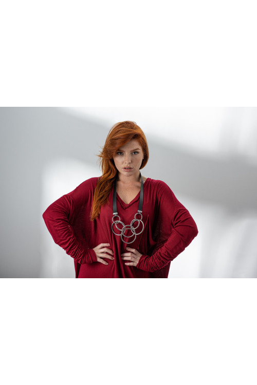 Long leather and stainless steel necklace with large polished silver circles