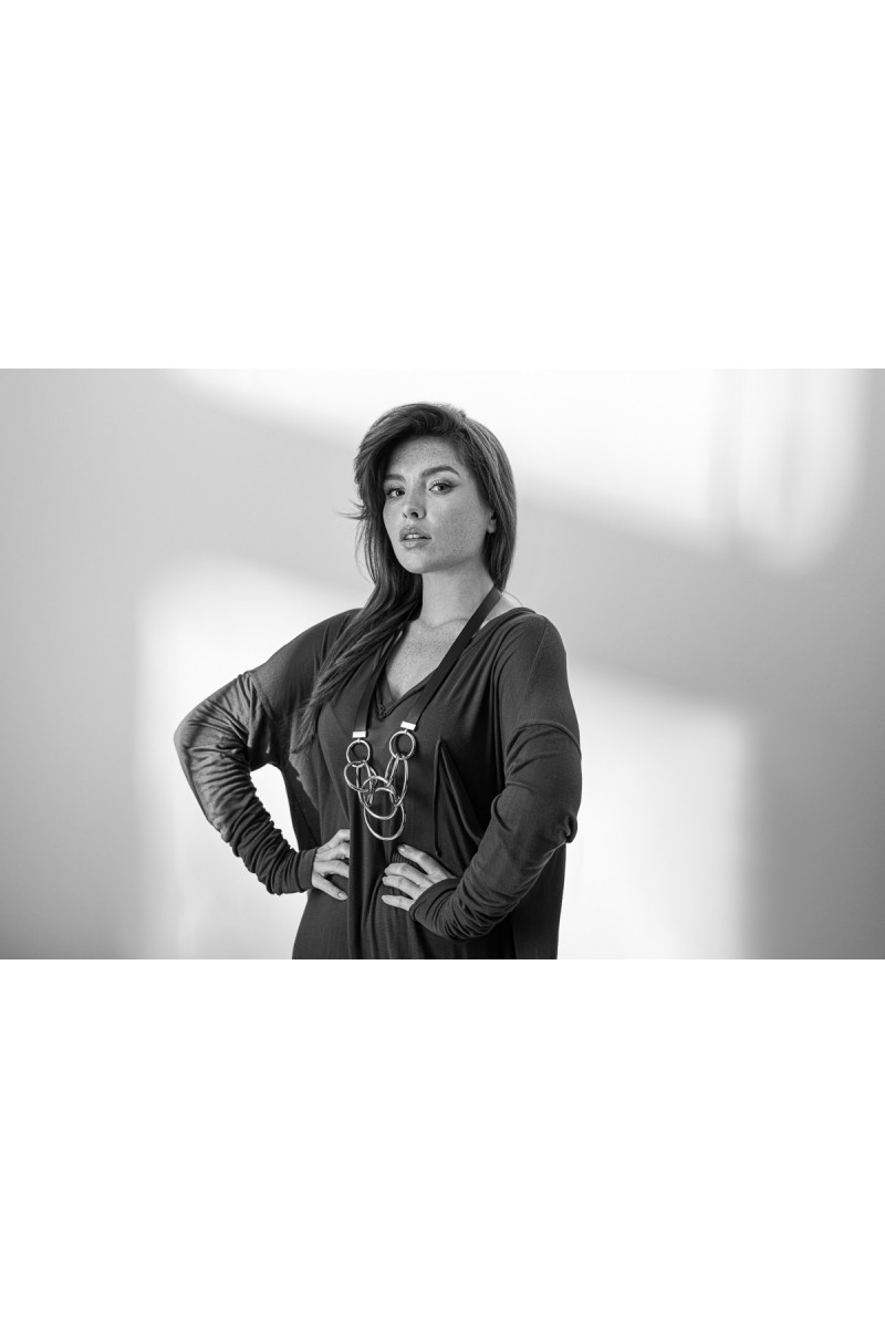 Long leather and stainless steel necklace with large polished silver circles