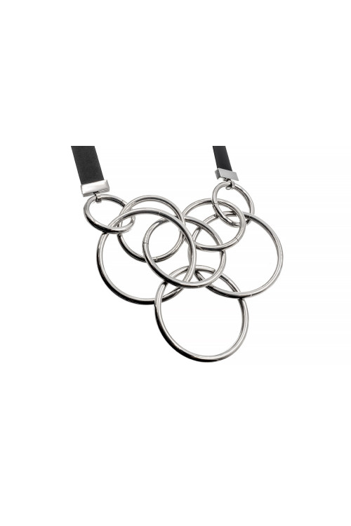 Long leather and stainless steel necklace with large polished silver circles