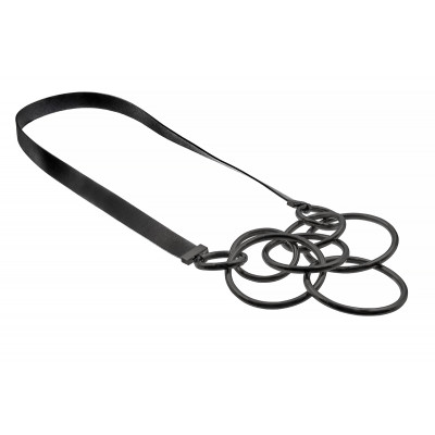 Long necklace made of black natural leather with matte black stainless steel circular elements.