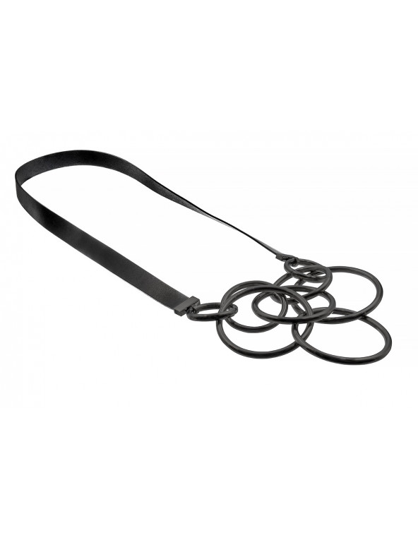 Attract gazes. Long black circle necklace made of leather and stainless steel