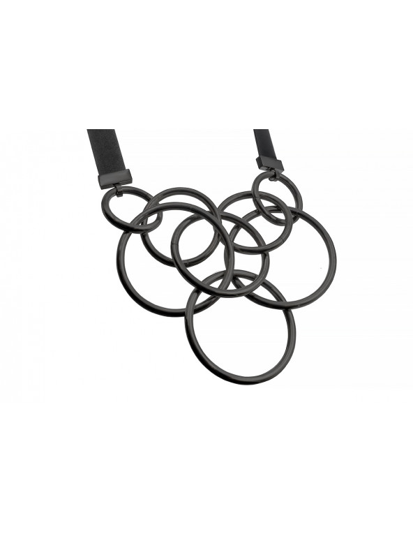 Long necklace made of black natural leather with matte black stainless steel circular elements.