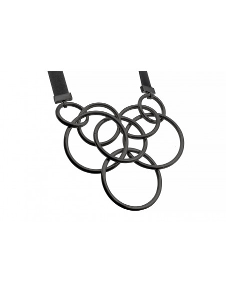 Long necklace made of black natural leather with matte black stainless steel circular elements.