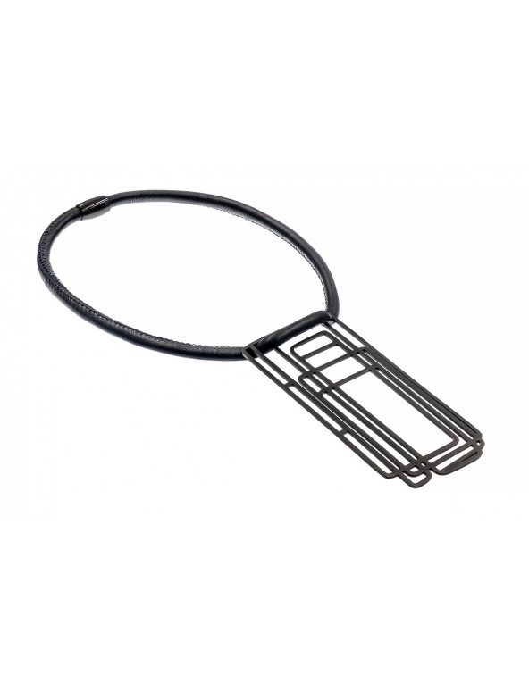 Handmade leather necklace with black matte stainless steel pendant